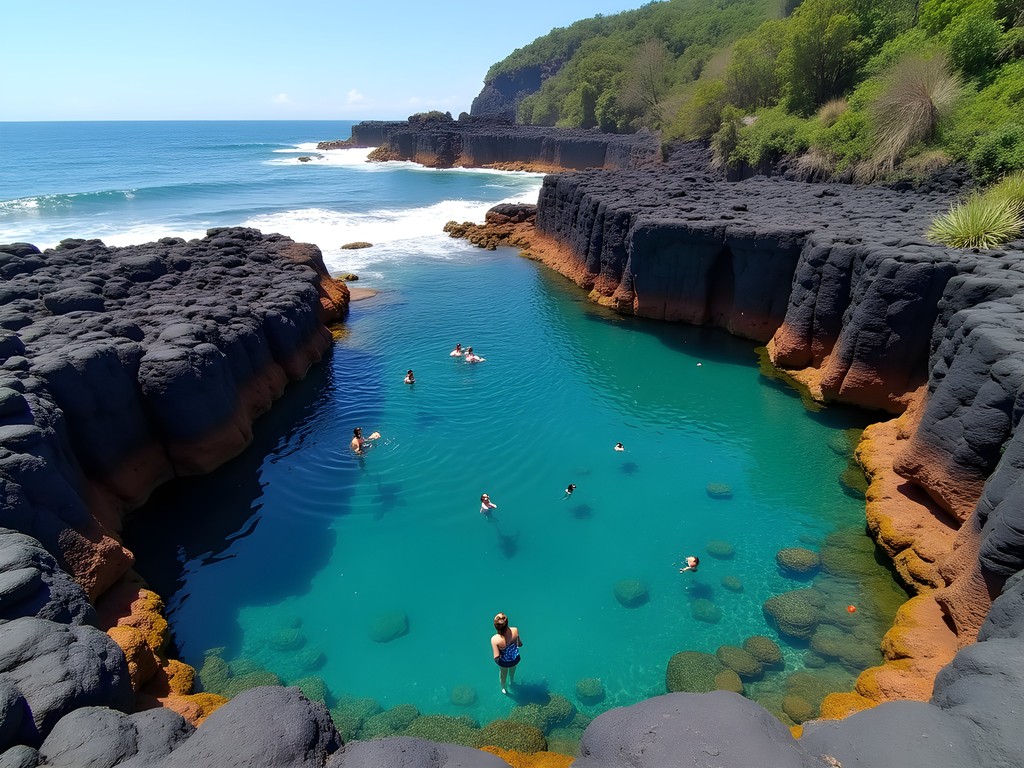 Natural rock pool at Praia do Secreto with crystal clear water surrounded by volcanic rocks