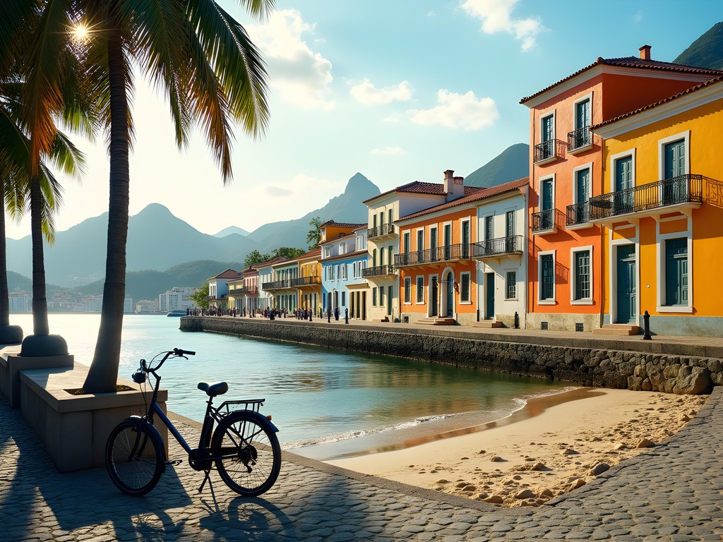 Colonial buildings along the waterfront of Paquetá Island with view of Rio skyline