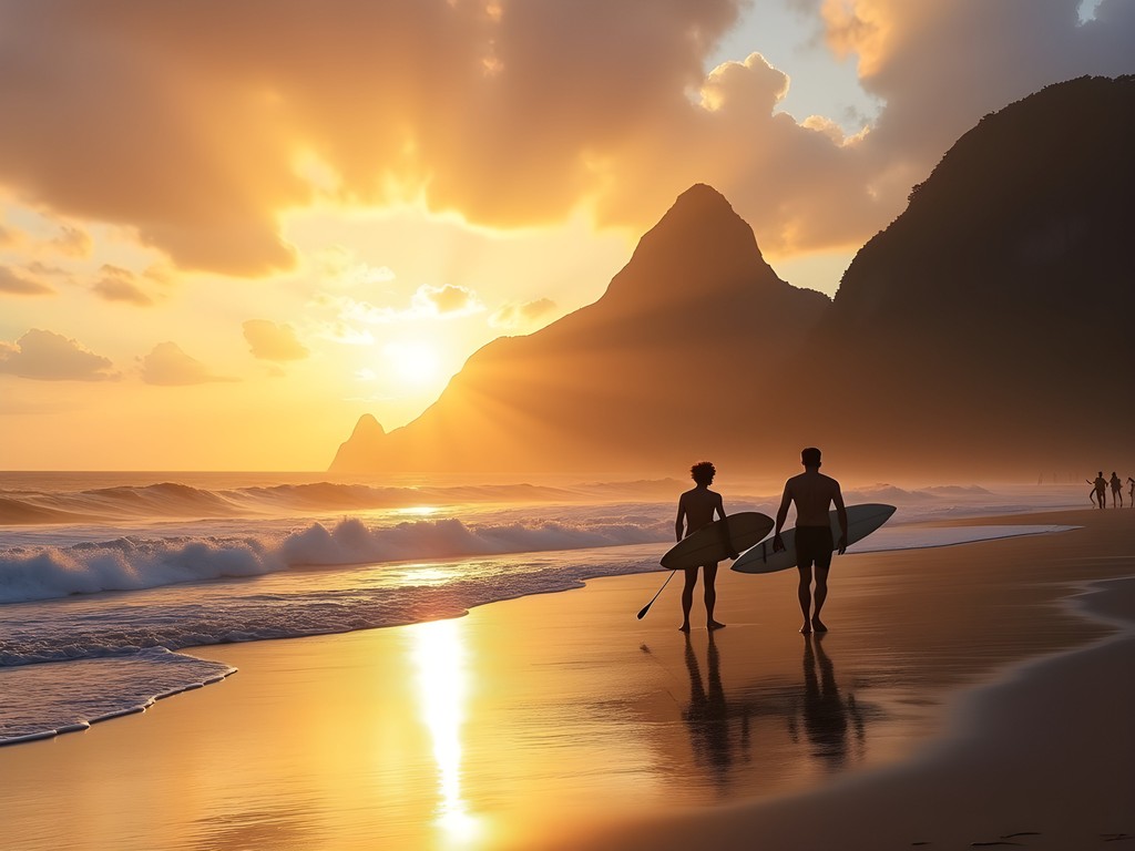 Surfers at Prainha beach at sunrise with Atlantic rainforest backdrop