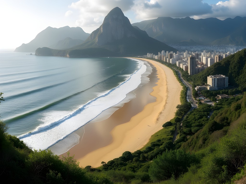 Panoramic view of undeveloped Grumari Beach with mountains and Atlantic Ocean in Rio de Janeiro