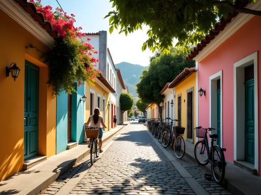 Colorful colonial architecture on car-free Ilha de Paquetá with bicycles and tropical flowers