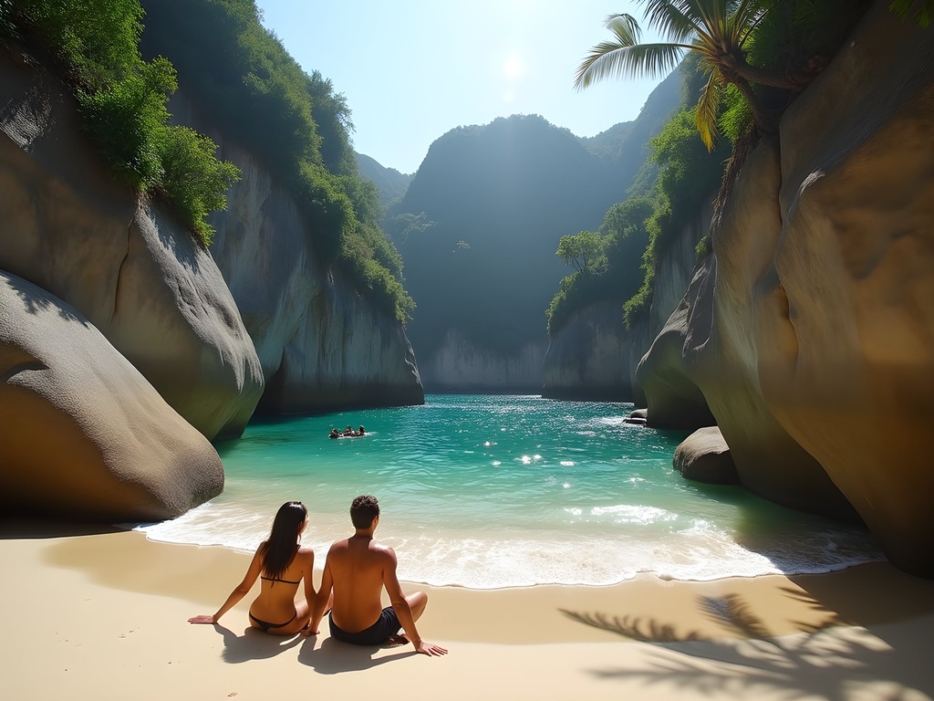 Couple relaxing on secluded Joatinga Beach in Rio de Janeiro surrounded by dramatic rock formations