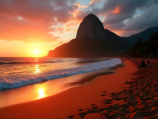 Sunset at Praia Vermelha with reddish sand and Sugarloaf Mountain silhouette in Rio de Janeiro