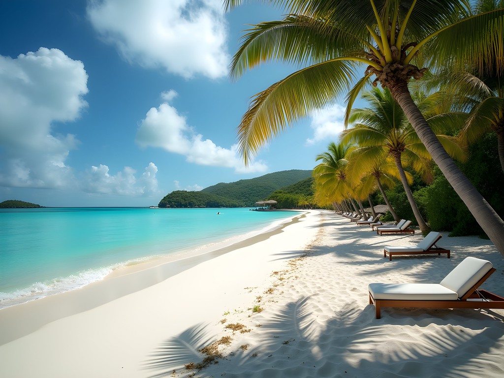 Perfect crescent shape of Deadman's Bay with palm trees and turquoise waters