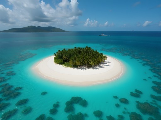 Aerial view of the perfectly circular Sandy Spit island with central palm trees