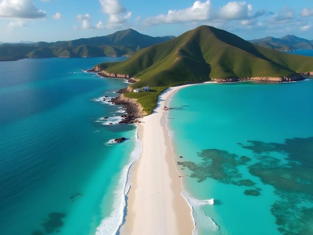 Aerial view of Savannah Bay showing the long stretch of white sand and dual water conditions