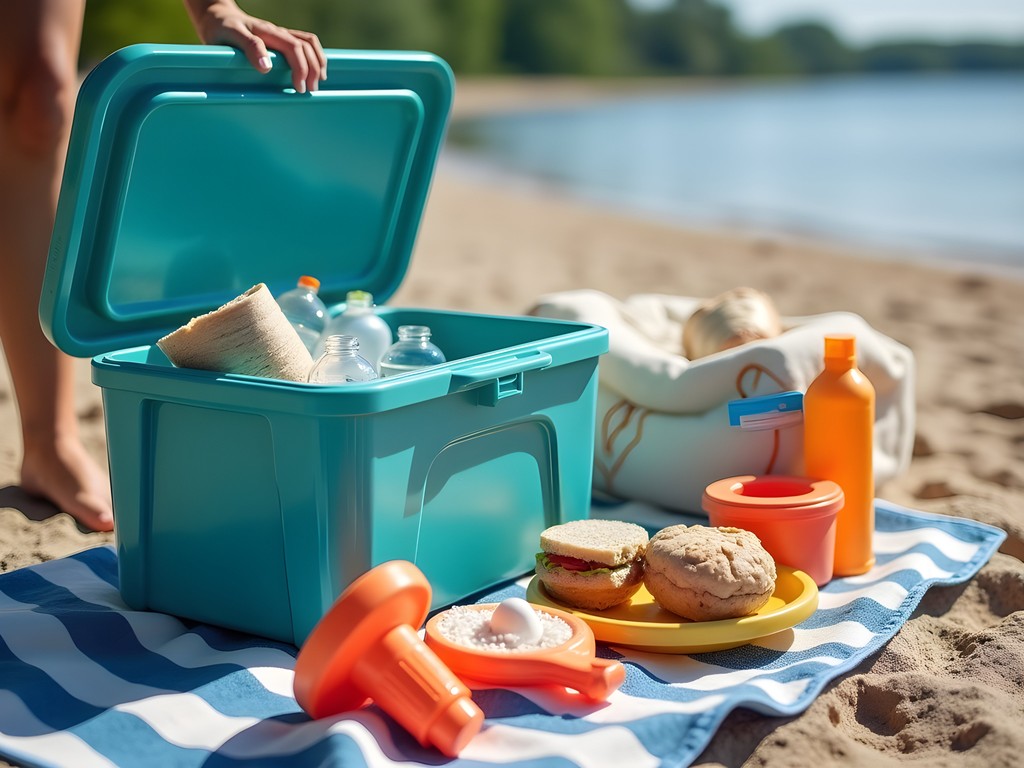 Budget-friendly beach day setup with cooler, reusable water bottles, and homemade snacks at Rochester lake
