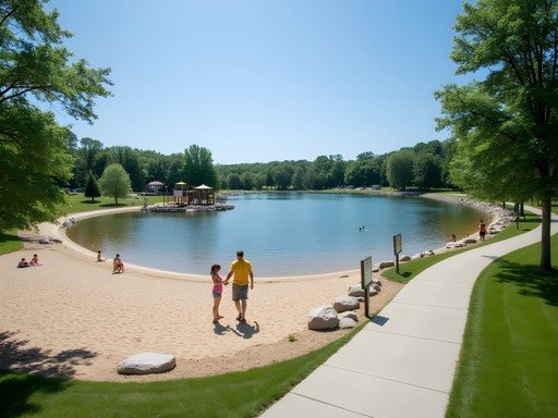 Cascade Lake beach area showing new recreational development with families enjoying the water
