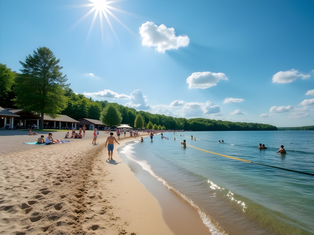 Chester Woods Park beach area with sandy shores and swimming area on a sunny summer day