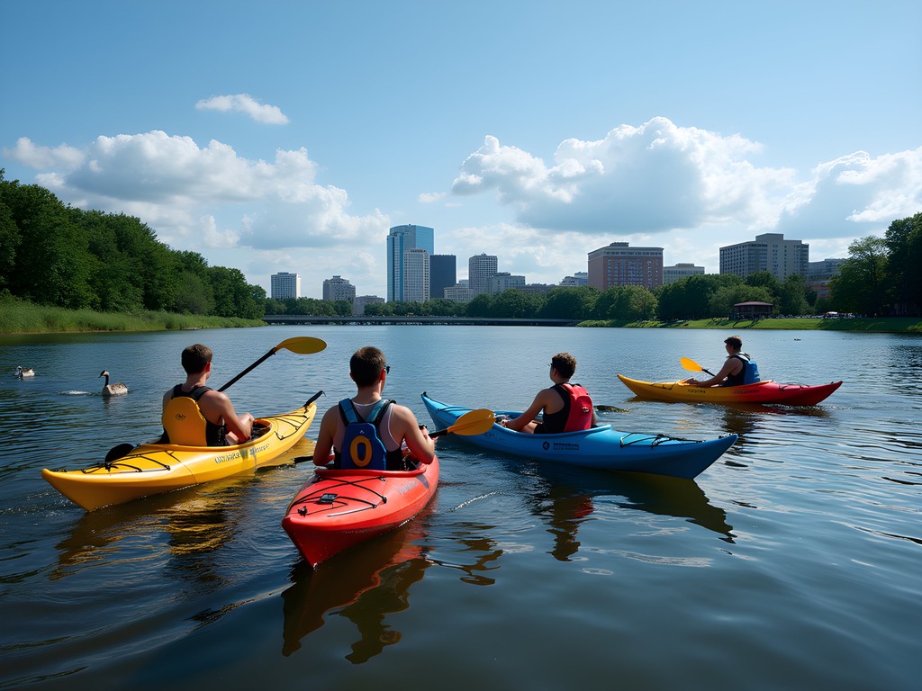 Family kayaking on Silver Lake with Rochester city skyline in background