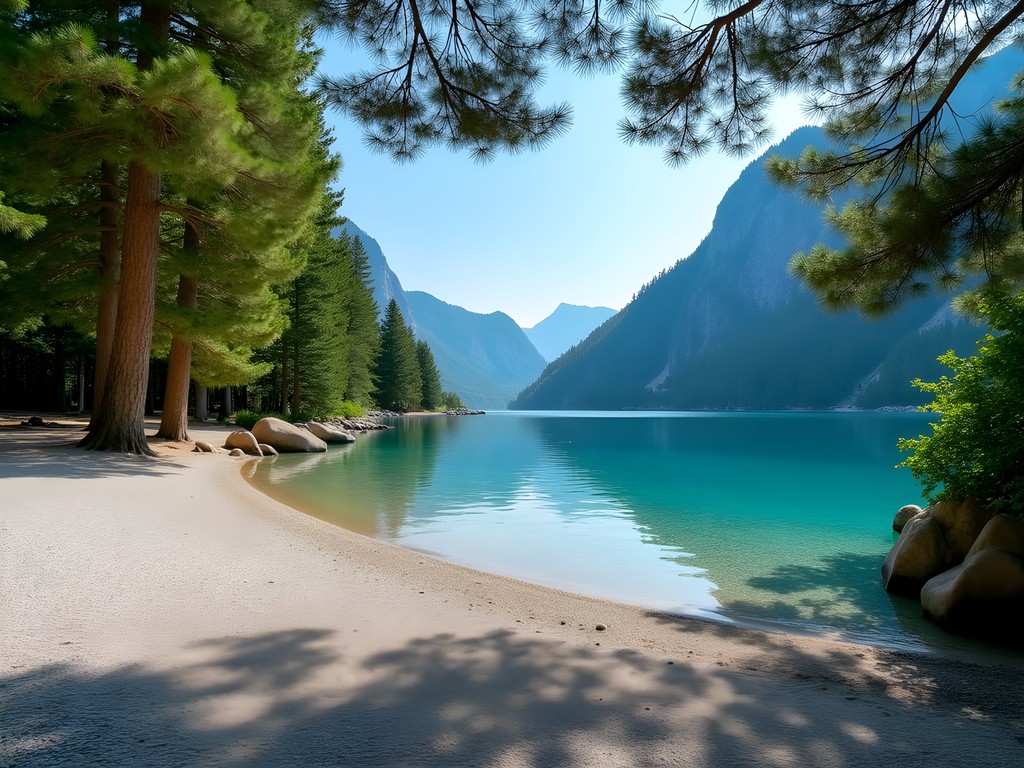 Secluded pebble beach cove on Attersee with crystal clear turquoise water