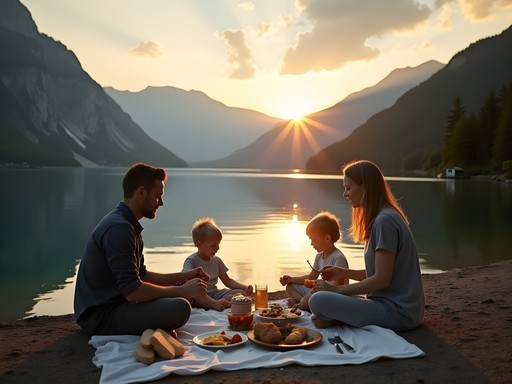 Family enjoying sunset picnic by alpine lake shore with mountains in background