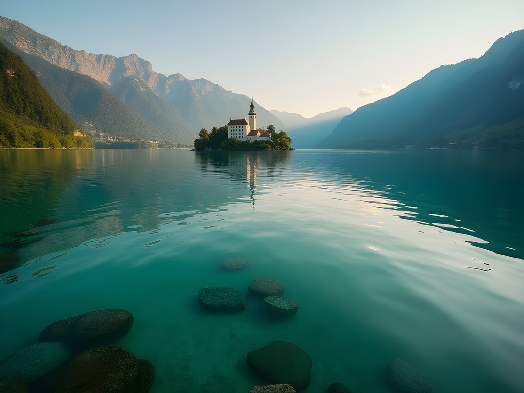 Emerald waters of Fuschlsee with Schloss Fuschl castle in the distance