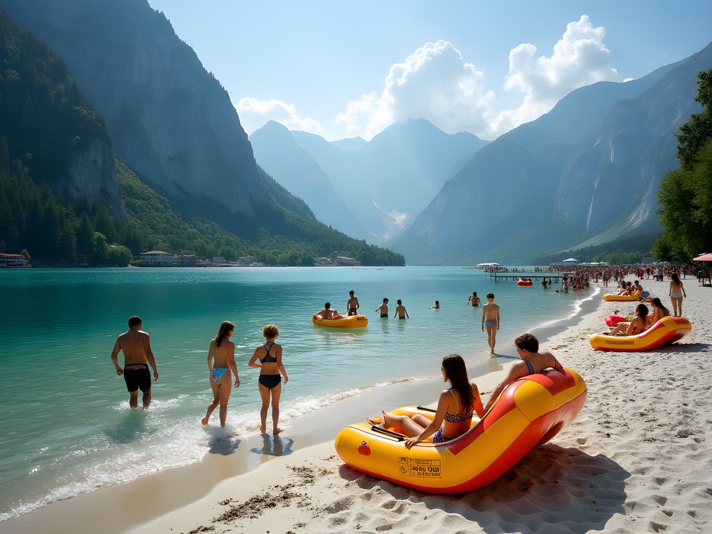 Families enjoying the beach facilities at Mondsee with alpine backdrop