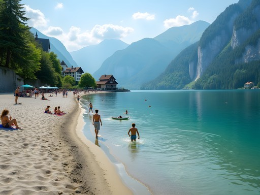 Family-friendly beach at St. Gilgen on Wolfgangsee with mountains in background