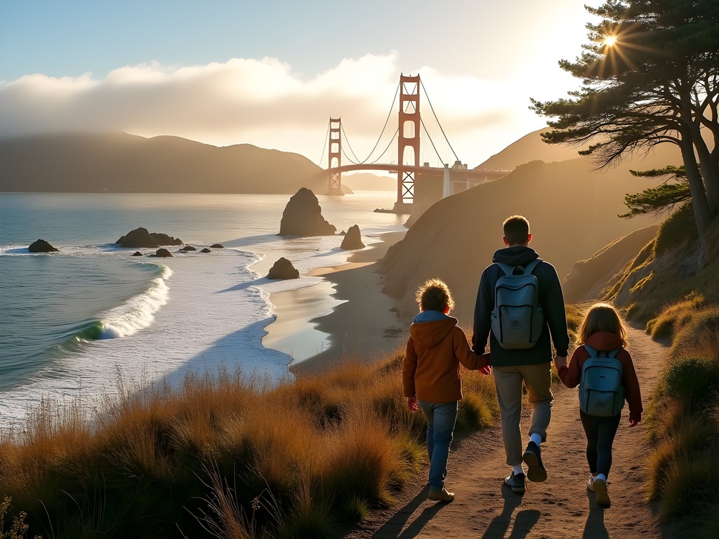 Family hiking on Lands End Trail in San Francisco with coastal views and Golden Gate Bridge