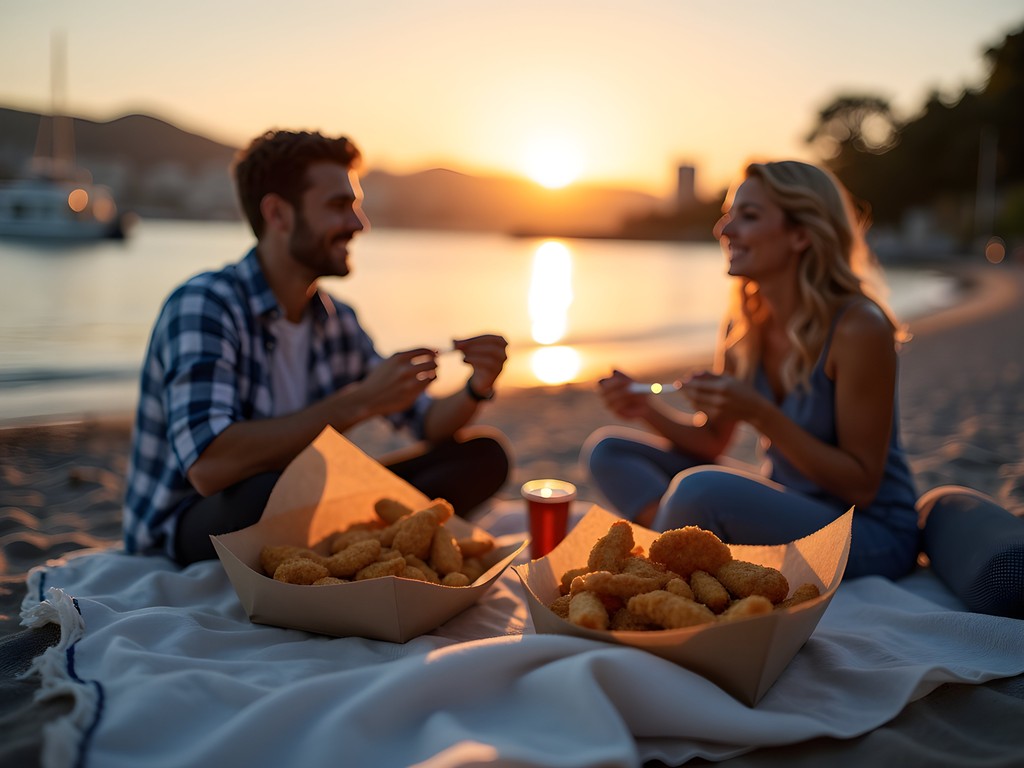 Evening picnic on Oriental Bay beach with Wellington harbour views and city lights