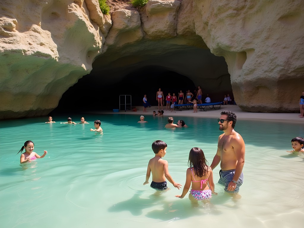 Multi-generational family enjoying the protected swimming area at Balneario El Escambrón