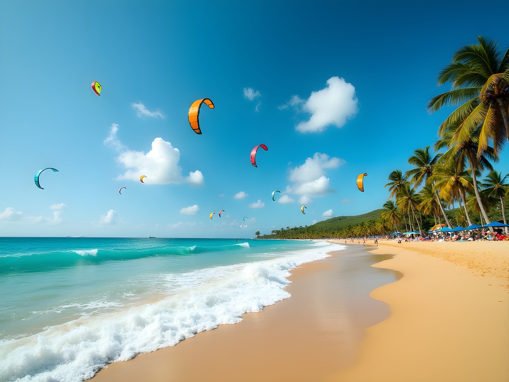Colorful kiteboarders against blue sky at Ocean Park Beach with families enjoying the sand