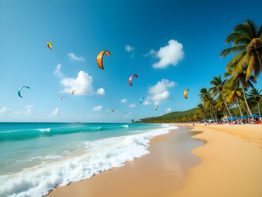 Colorful kiteboarders against blue sky at Ocean Park Beach with families enjoying the sand