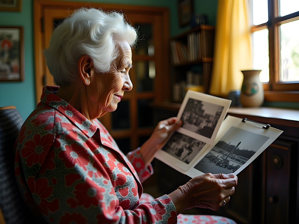 Elderly local resident sharing stories and old photographs of San Nicolaas