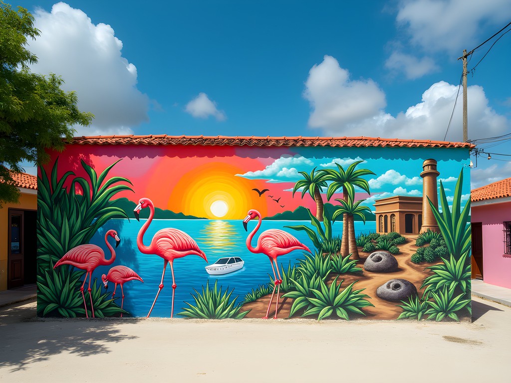 Colorful large-scale mural in San Nicolaas depicting Aruban cultural heritage