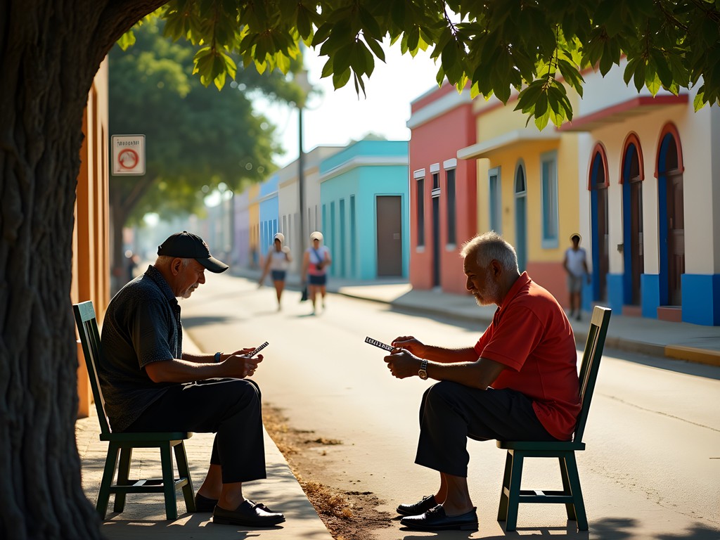 Early morning street scene in San Nicolaas with local residents and colorful buildings