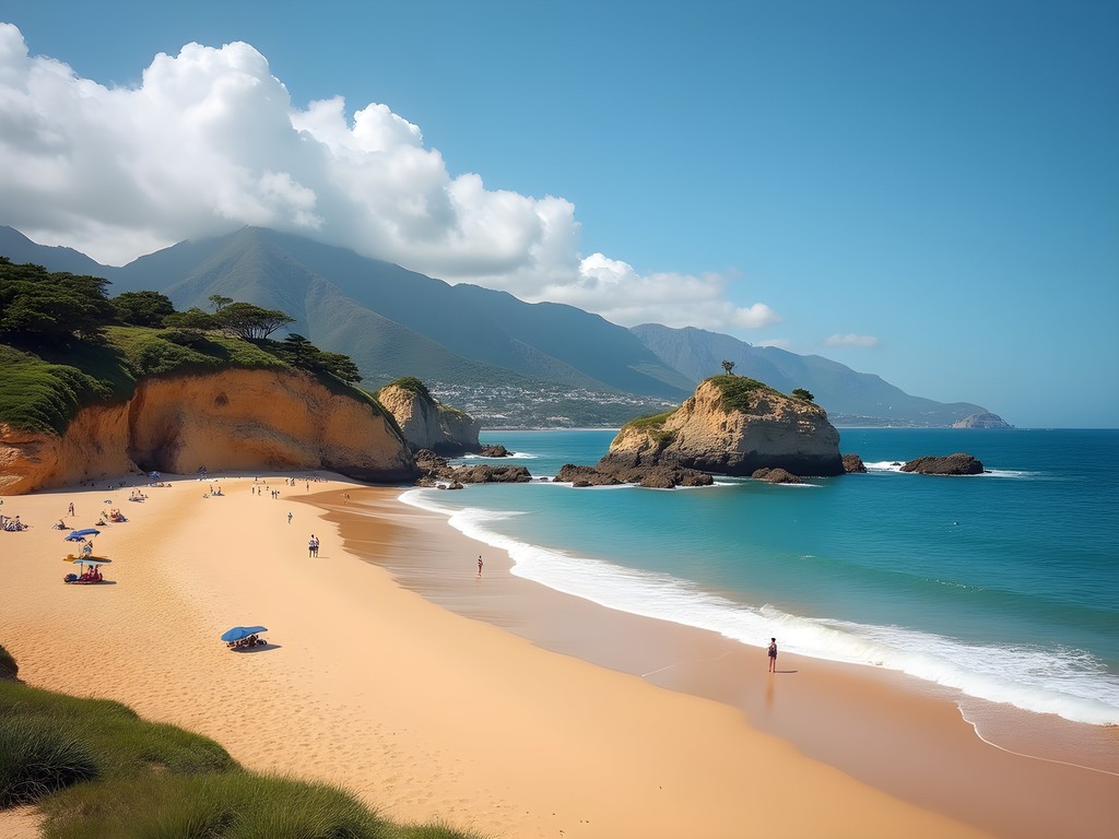 View of Ondarreta Beach with Peine del Viento sculptures in San Sebastian