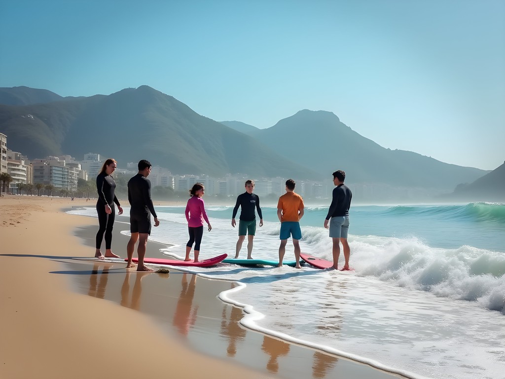 Teens taking surf lessons at Zurriola Beach in San Sebastian