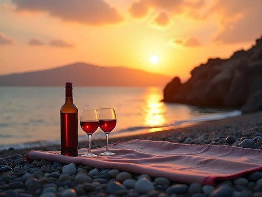 Couple enjoying sunset with wine at Katharos Beach with views of the Aegean Sea