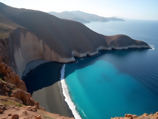 Secluded black sand beach of Koloumbos with dramatic volcanic cliffs and crystal clear water