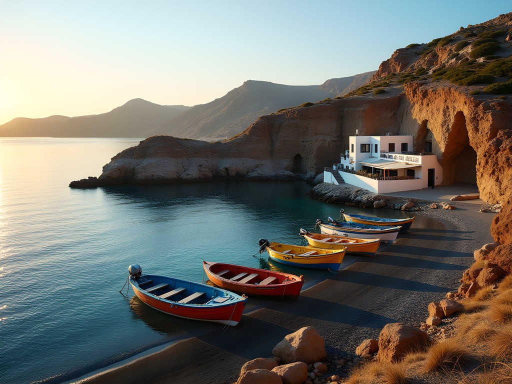 Traditional Greek fishing boats at Mesa Pigadia cove with small taverna built into rocks