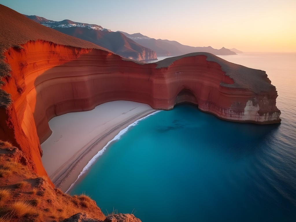 Dramatic red cliffs and turquoise waters of Santorini's Red Beach at sunrise