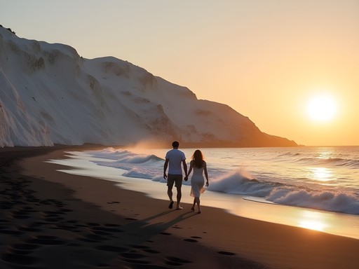Stunning white sculpted cliffs of Vlychada Beach at sunset with couple walking along shoreline