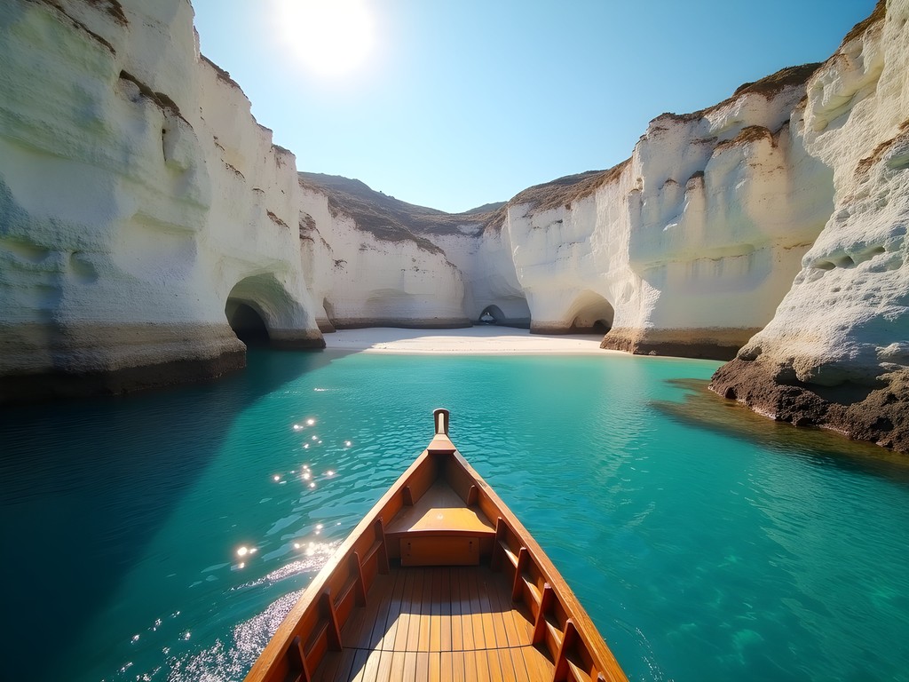 Wooden boat approaching Santorini's secluded White Beach with white cliffs and clear blue water