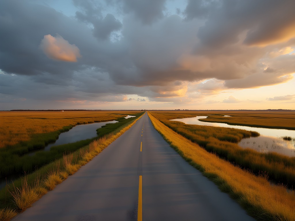 Scenic marshlands view along the causeway from Savannah to Tybee Island