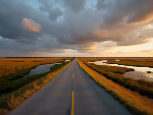 Scenic marshlands view along the causeway from Savannah to Tybee Island