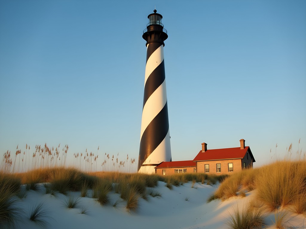 Tybee Island lighthouse with beach and dunes in foreground