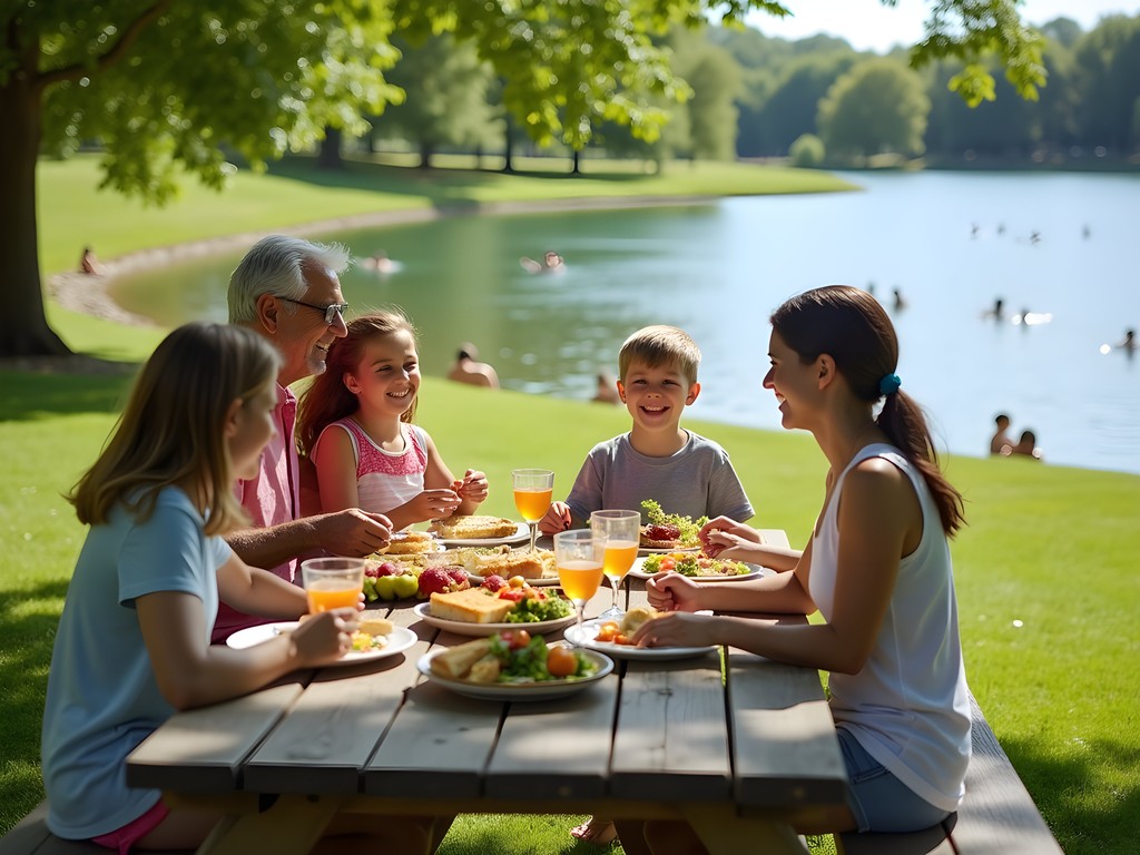 Family enjoying picnic meal at lakeside table in Shawnee