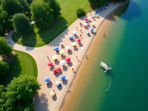Aerial view of Shawnee Mission Park Beach with swimmers and sunbathers