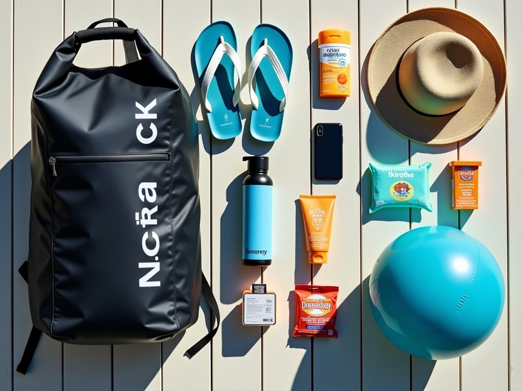 Neatly organized beach day trip essentials for families visiting Singapore and Malaysia