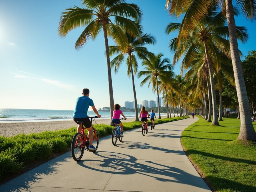 Family cycling along East Coast Park beach path in Singapore