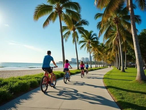 Family cycling along East Coast Park beach path in Singapore
