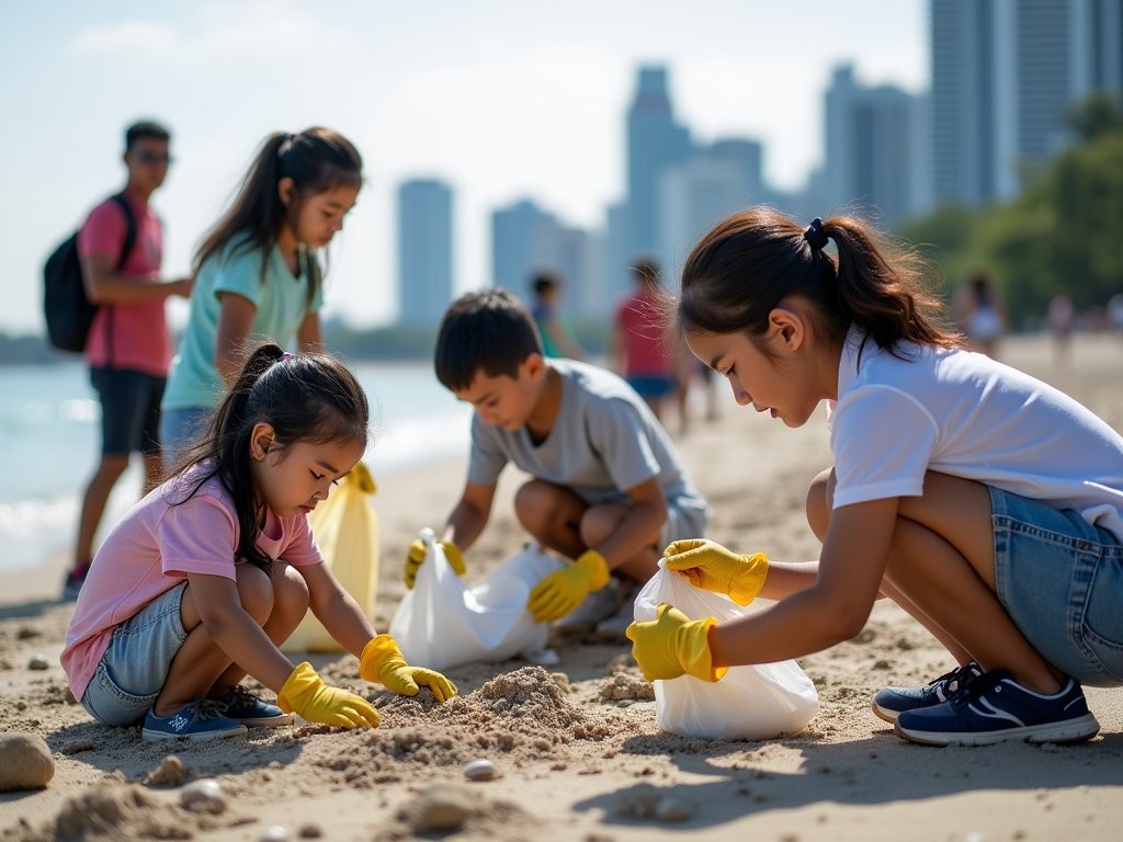 Family participating in beach cleanup activity at East Coast Park, Singapore