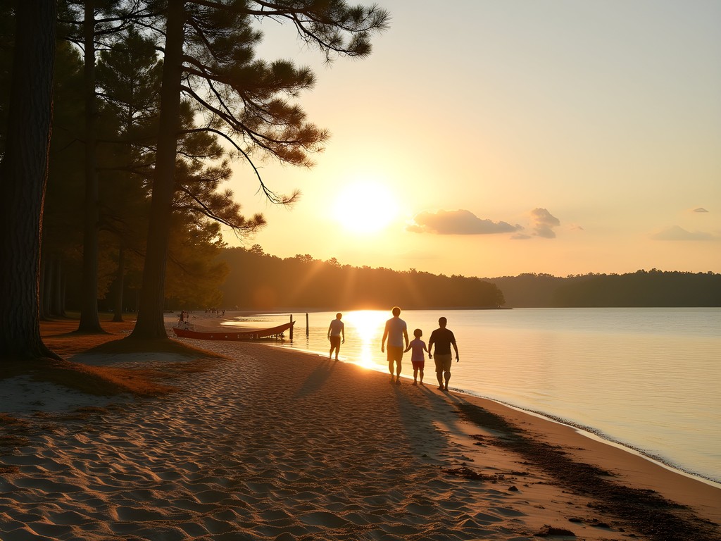 Golden sunset over Arkabutla Lake beach with families enjoying the sandy shore