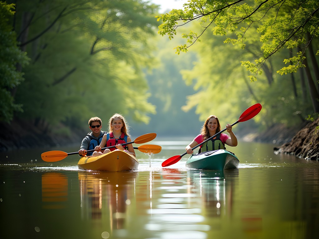 Family kayaking on the Coldwater River near Southaven with overhanging trees