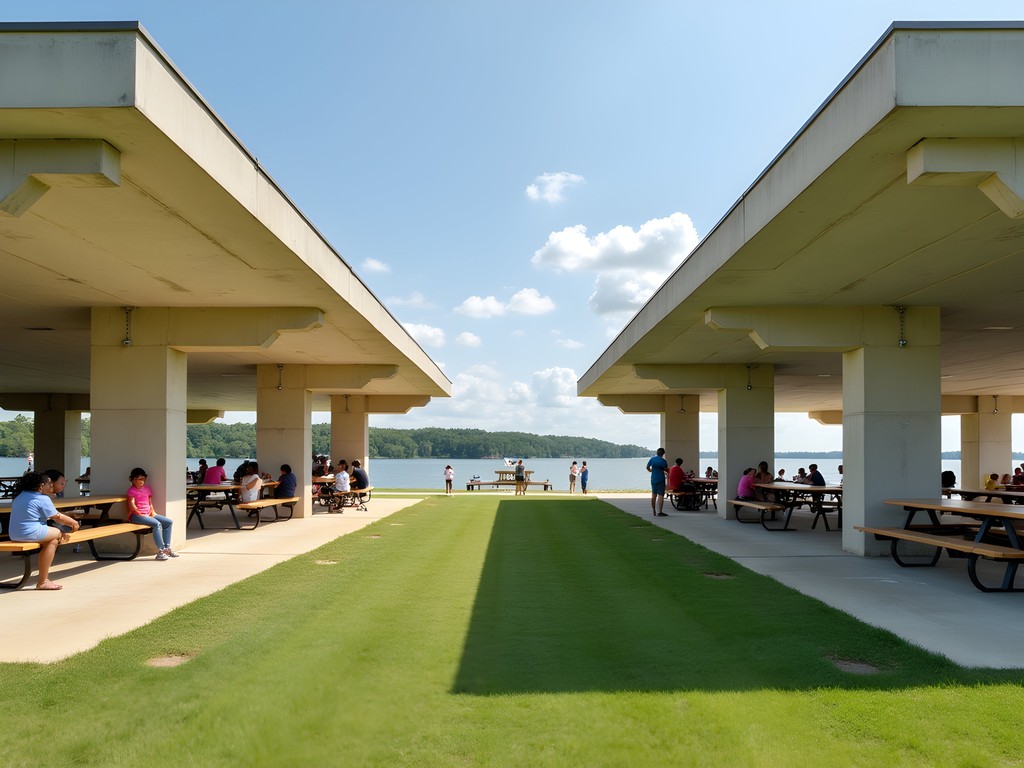 Concrete pavilions overlooking Arkabutla Lake at Hernando Point Recreation Area