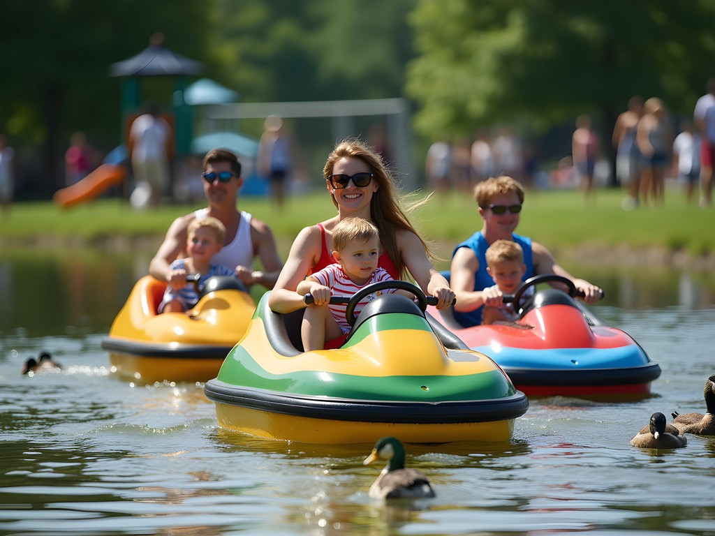Families enjoying colorful pedal boats on Olive Branch City Park Lake