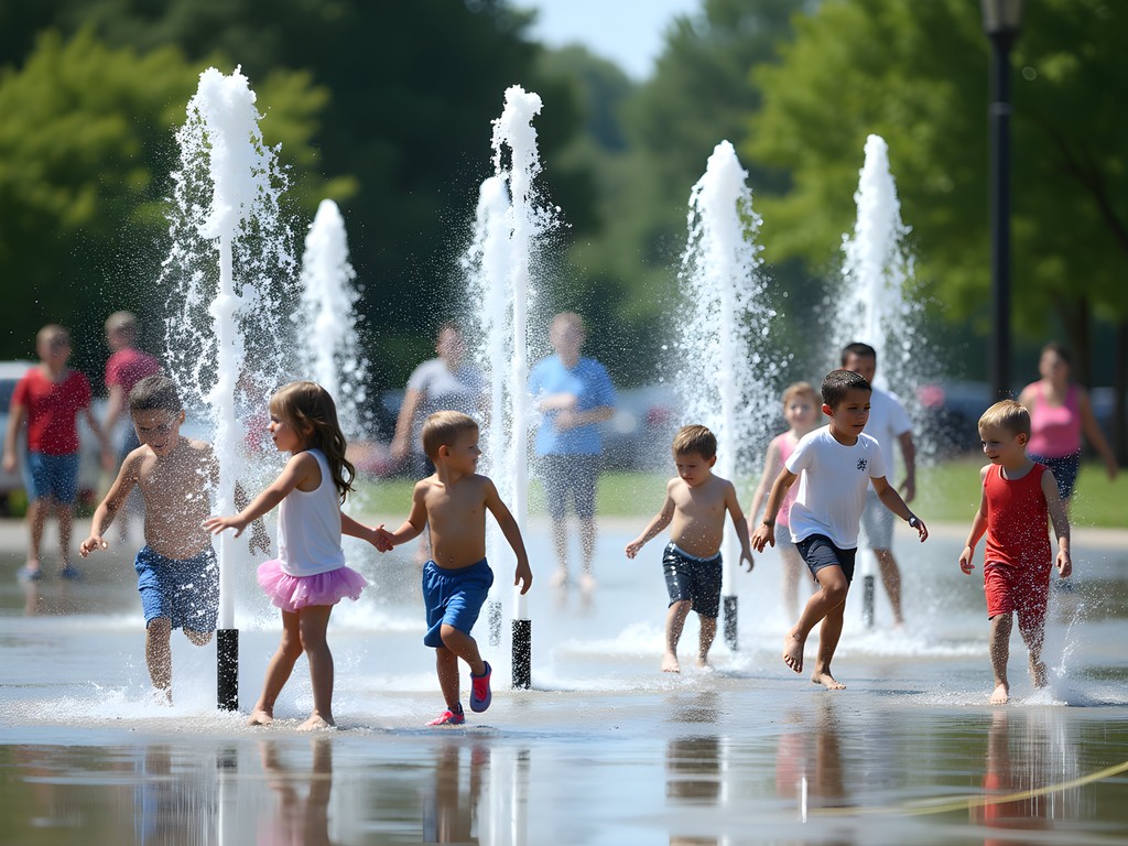 Children playing in geometric water fountains at Southaven's Snowden Grove Park splash pad
