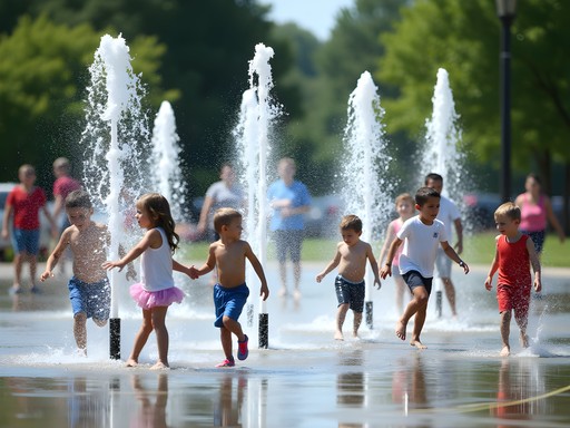 Children playing in geometric water fountains at Southaven's Snowden Grove Park splash pad
